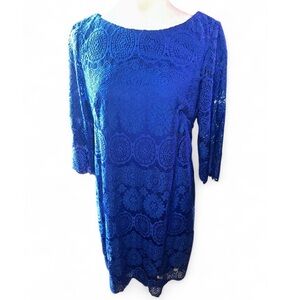 Jessica Howard Royal Blue Lace Shift Dress with Three-Quarter Sleeves